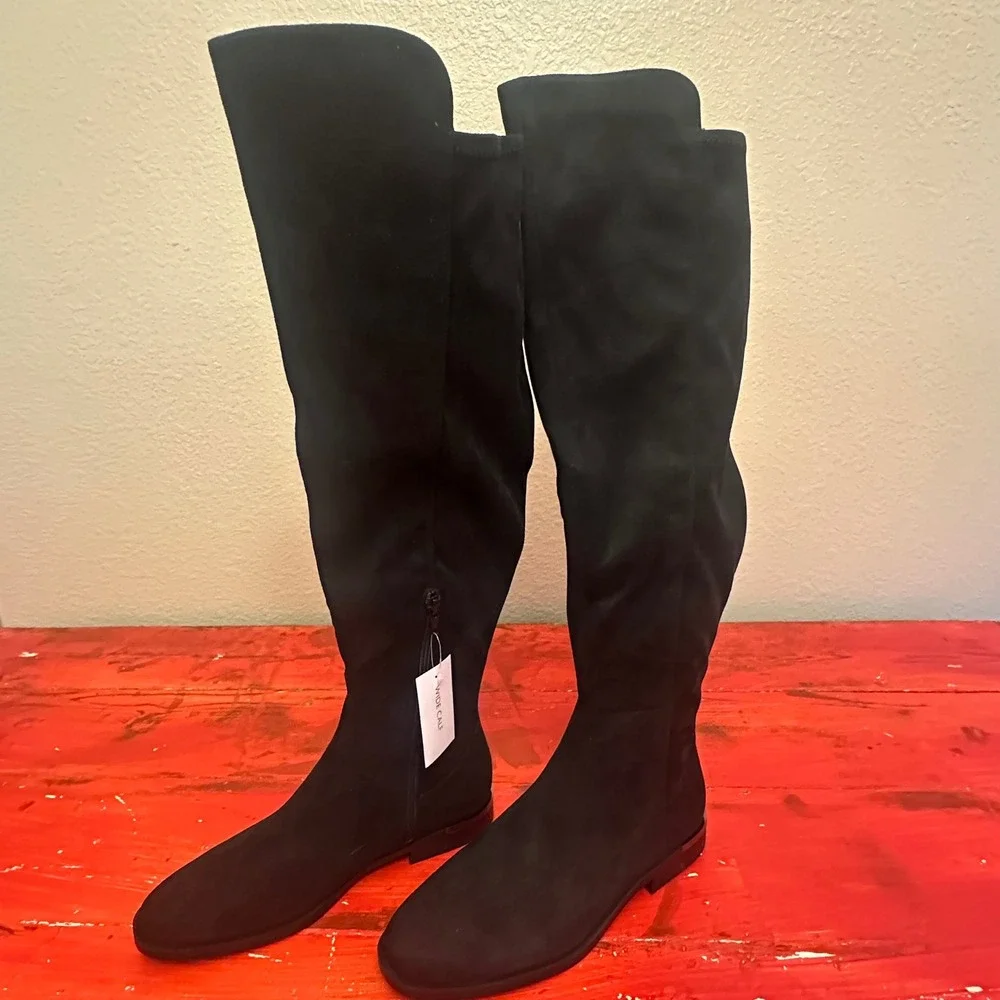 Nine West Allair2-WC Black Wide Calf Tall Boots Womens 9.5 Faux Suede Flat Heel